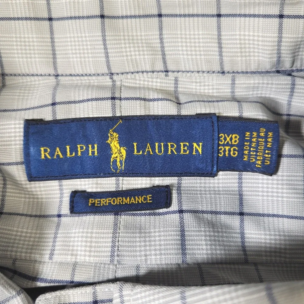 Polo Ralph Lauren Shirt Mens 3XB Gray Blue Plaid Performance Long Sleeve Stretch